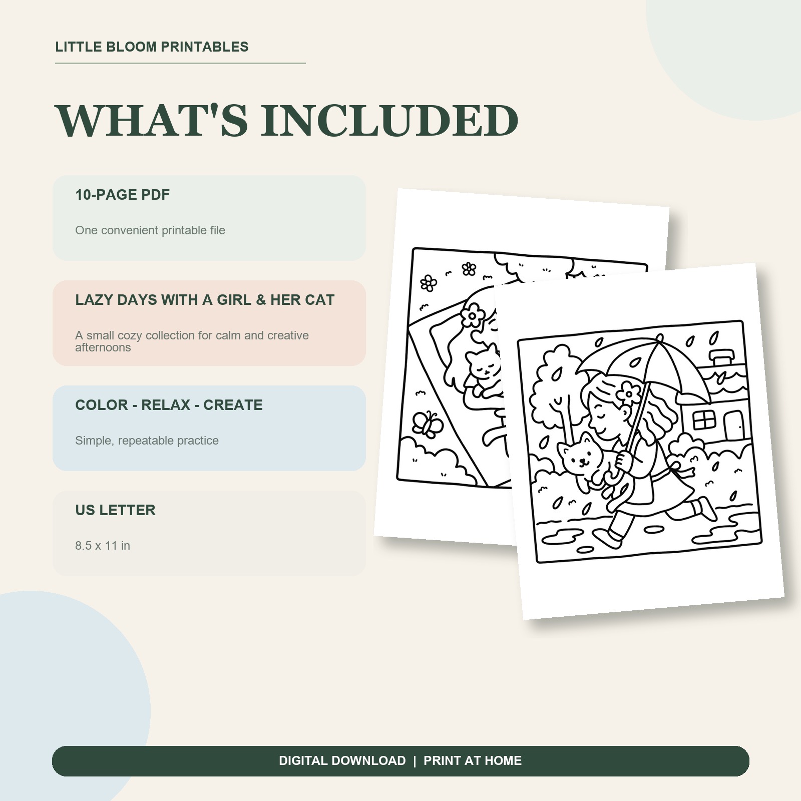 Lazy Days with a Girl & Her Cat - 10 Cozy Coloring Pages - Image 2