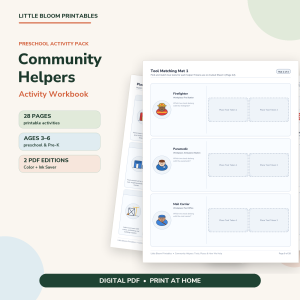 Community Helpers Activity Workbook with printable matching worksheets for ages 3–6
